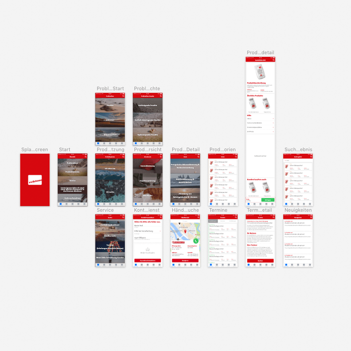 Screenshots der Benutzeroberflächen der redstone-App auf weißem Hintergrund.