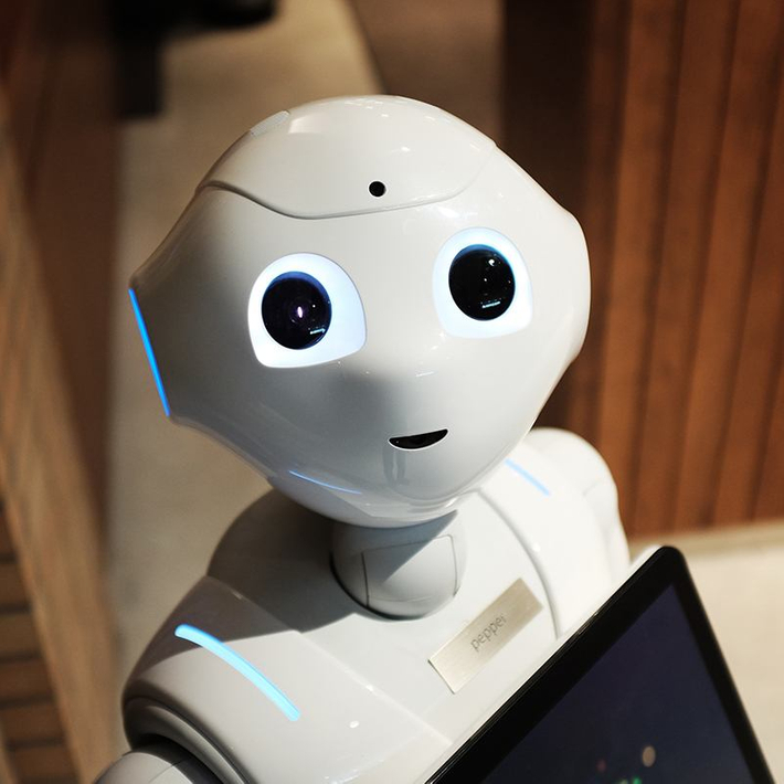 Ein weißer Roboterkopf mit schwarzen Augen. An seiner Brust ist ein Bildschirm zu sehen. Er steht auf einem hellen Untergrund. Eine Wand ist mit Holzoptik und eine andere mit Steinoptik zu sehen.